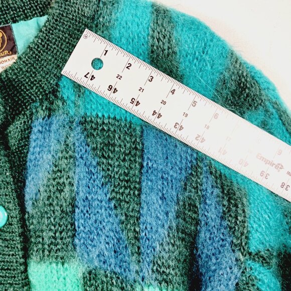 Mohair Label Irish Mohair & Wool Geo Print Cardigan, Greens & Peacock Blue ? Med - Picture 13 of 16